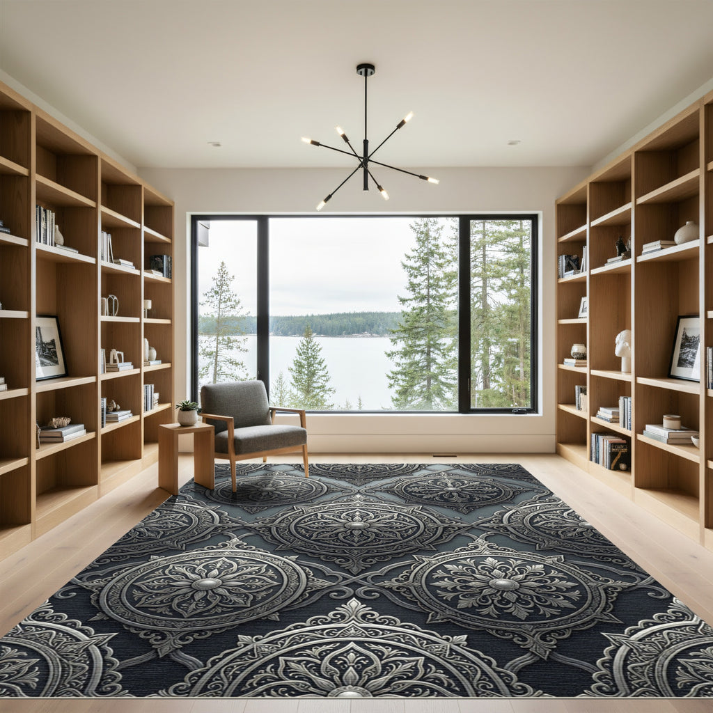 Intricate Silver Floral Medallion Arabesque Rug