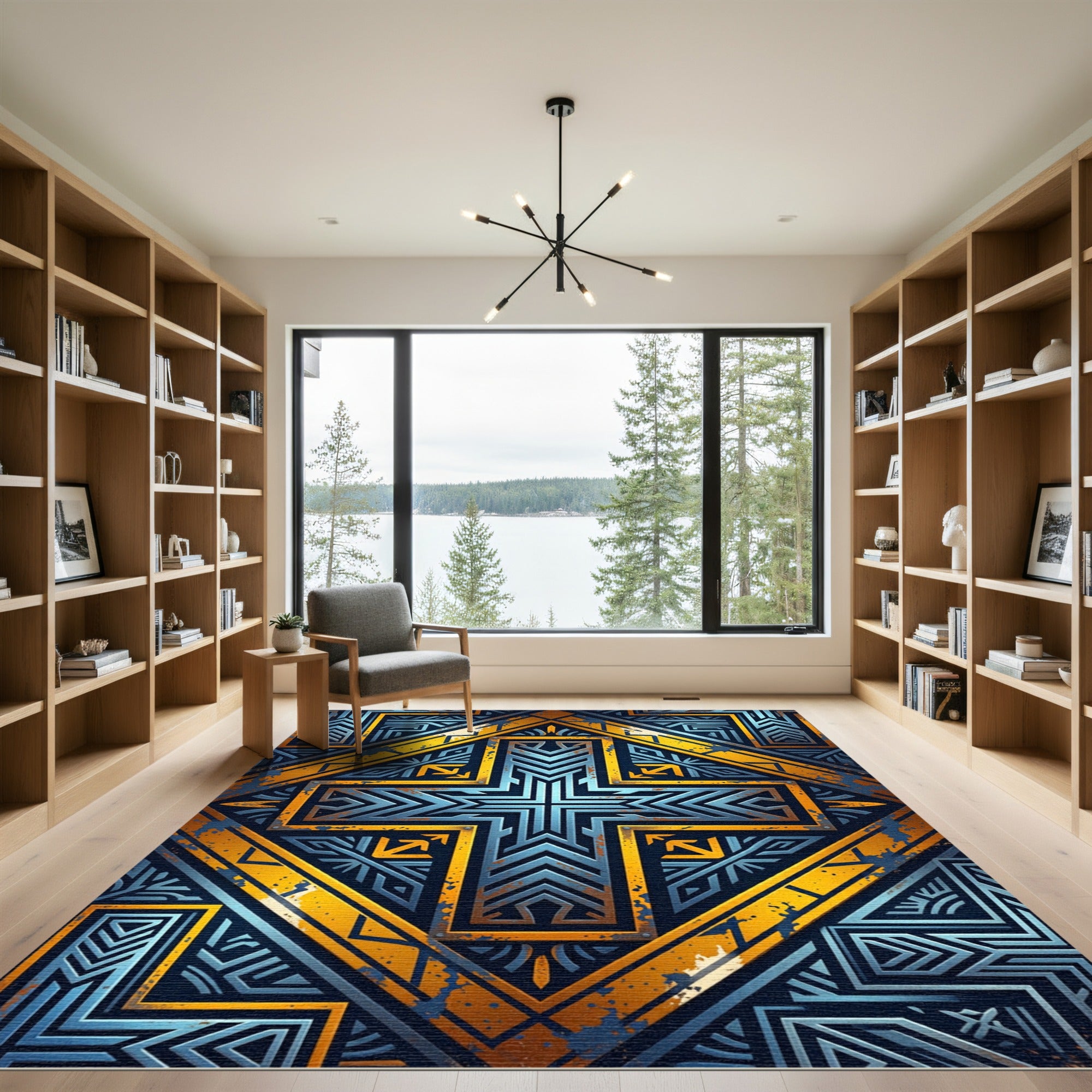 Geometric Deco Cross Gold Blue Grunge Rug