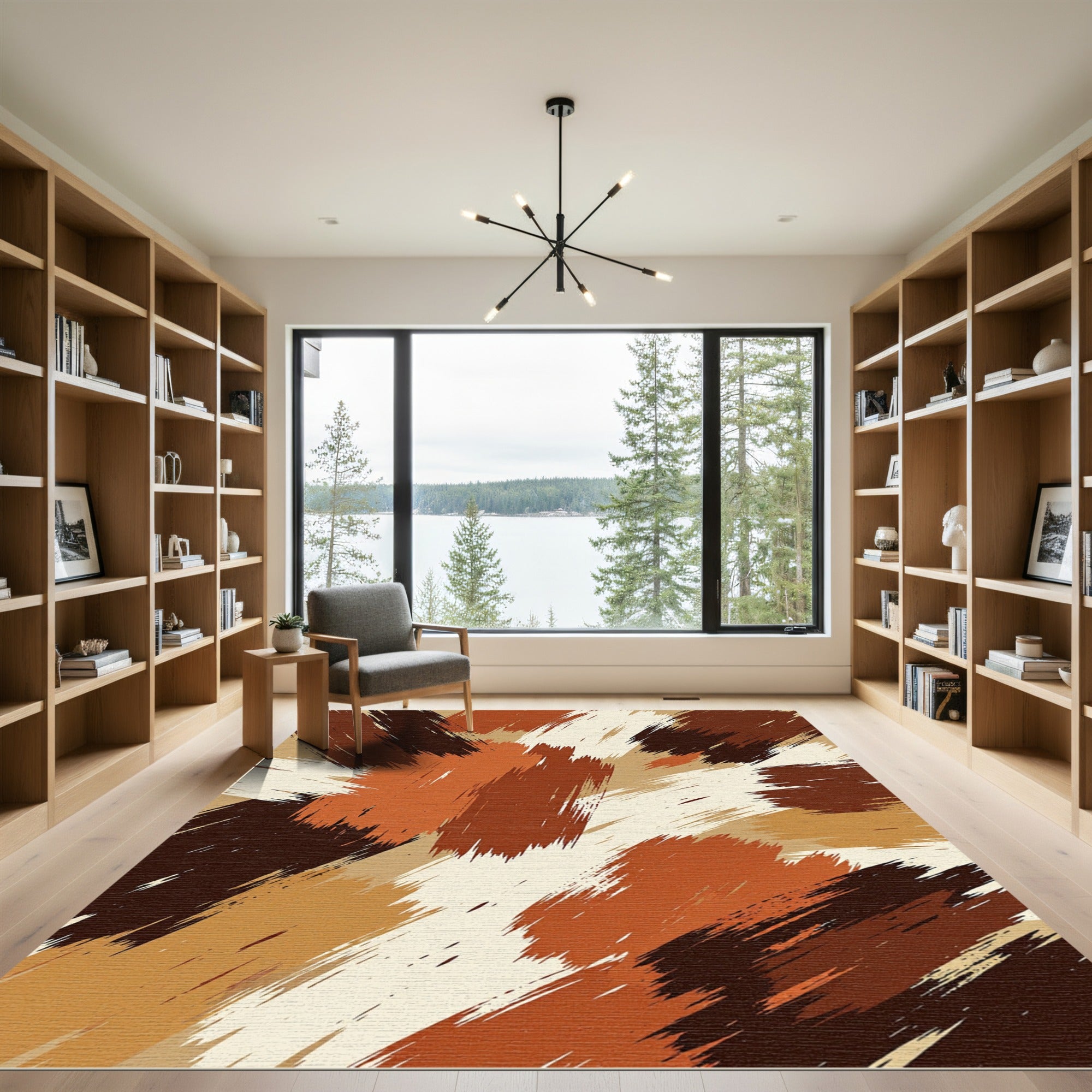 Earthy Abstract Brushstroke Ochre Brown Rug