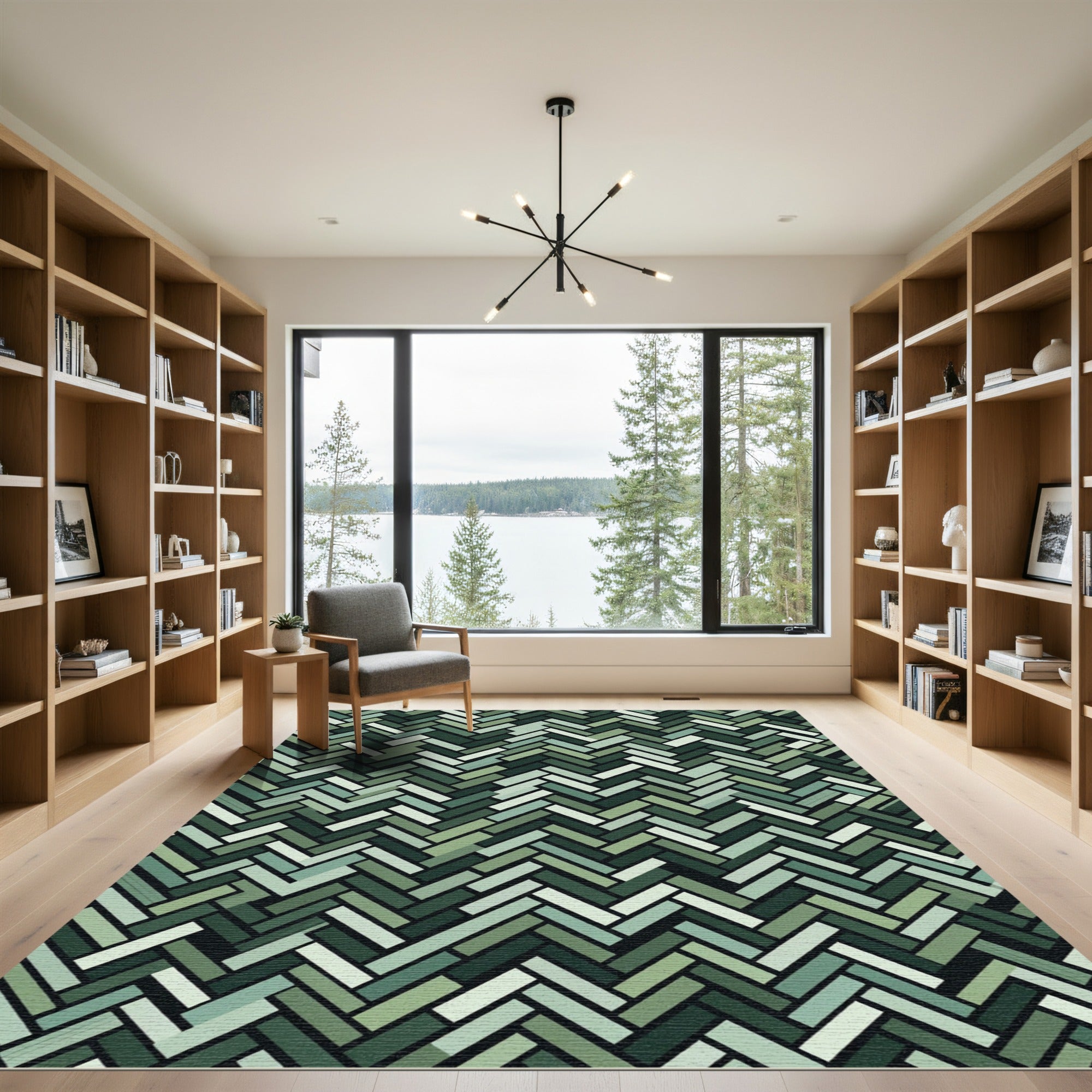 Green Herringbone Textured Layered Rug