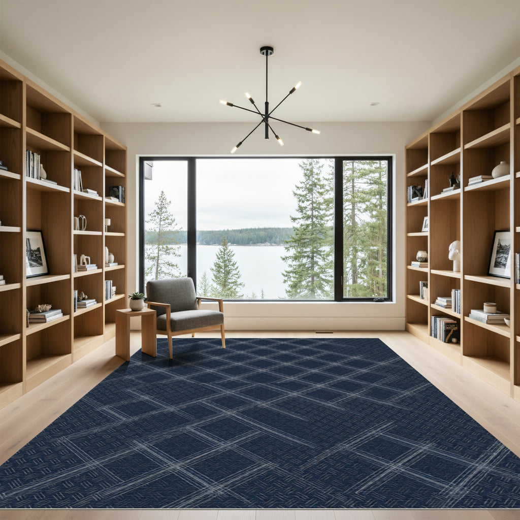 Navy Blue Geometric Grid Lines Rug