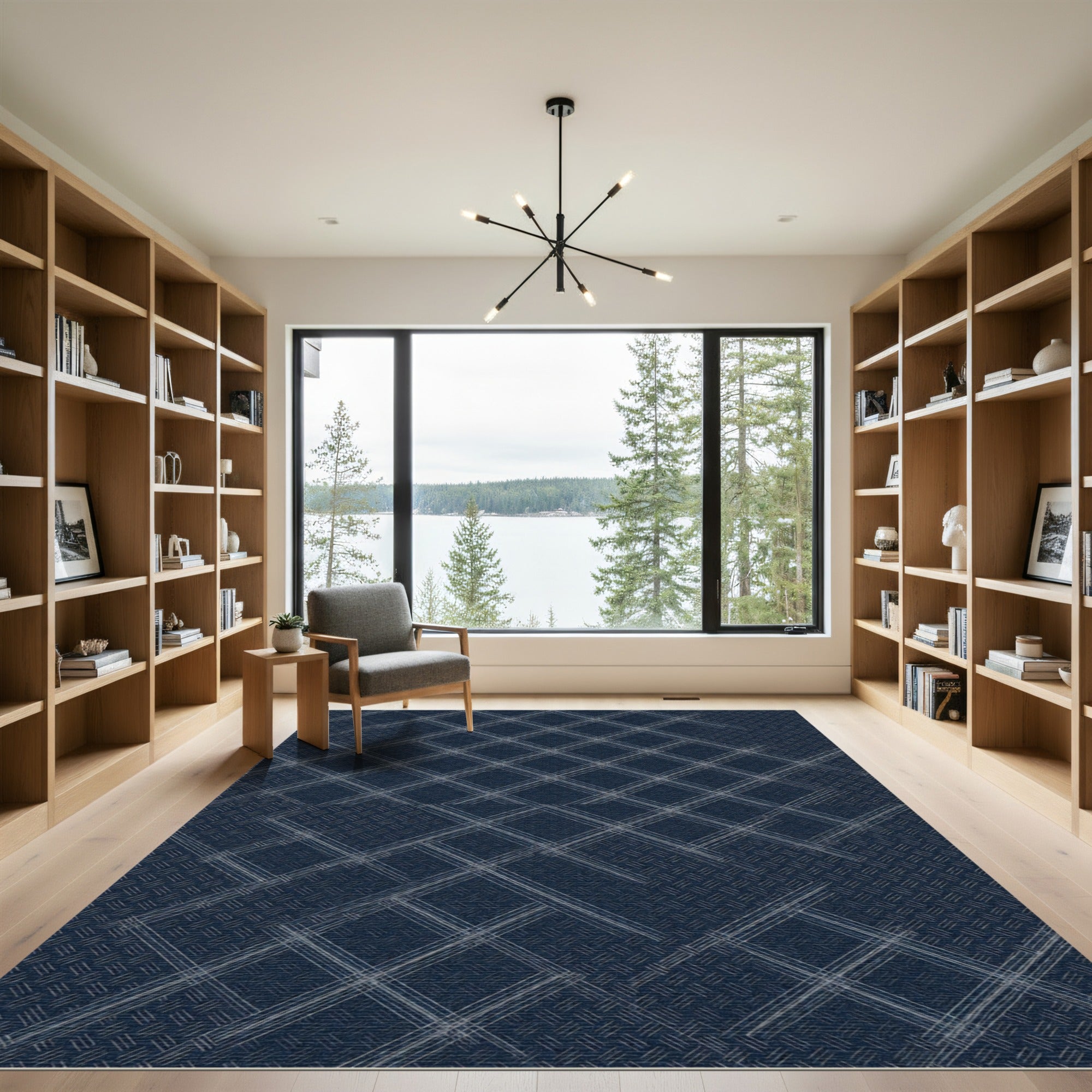 Navy Blue Geometric Grid Lines Rug