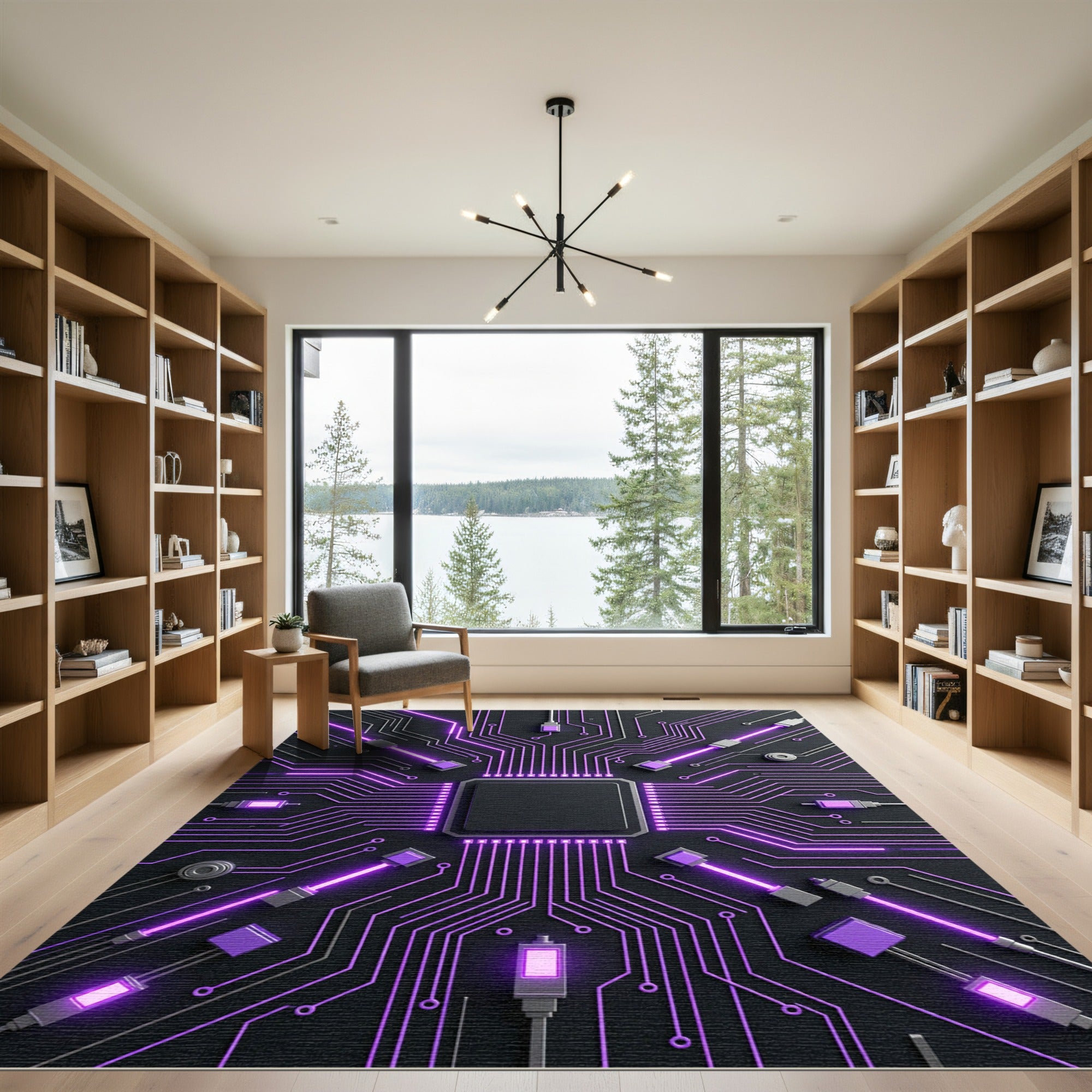 Neon Cybernetic Circuitry Glowing Abstract Art Rug