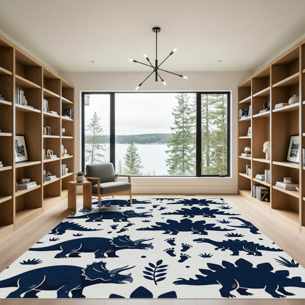 Navy Blue Dinosaur Jurassic Childrens Art Rug