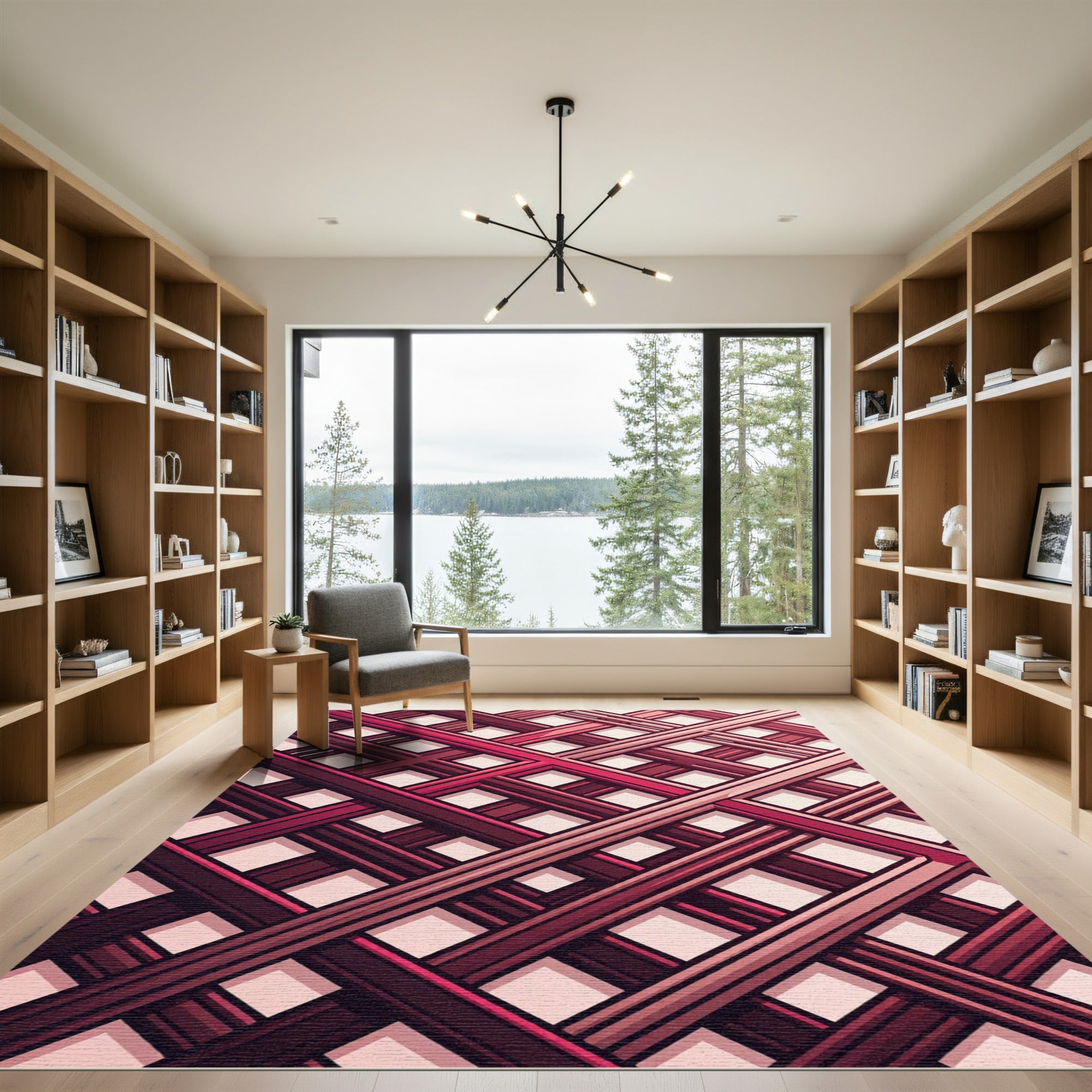 Crimson Lattice Intersecting Stripes Rug