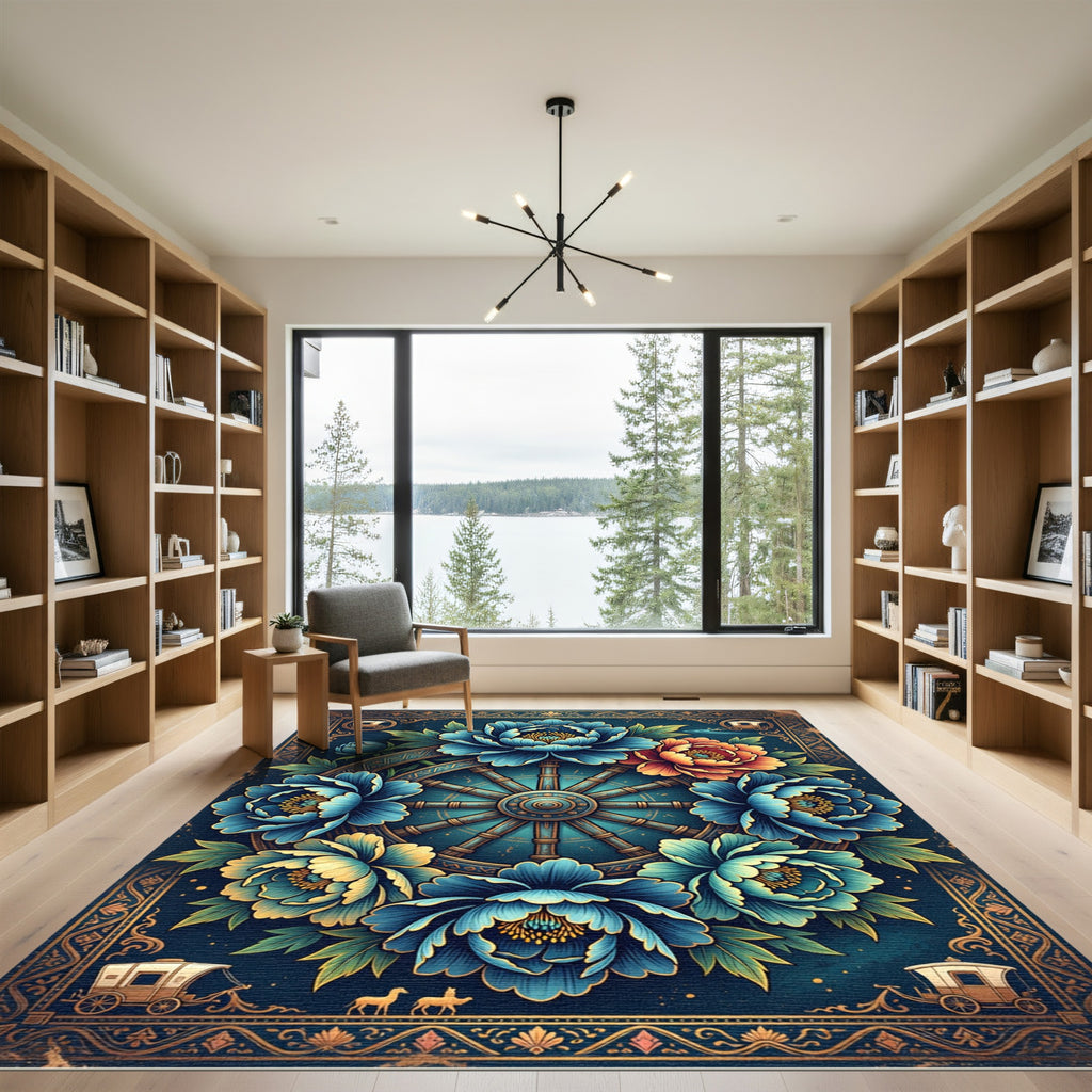 Midnight Azure Peony Carriage Wheel Art Rug