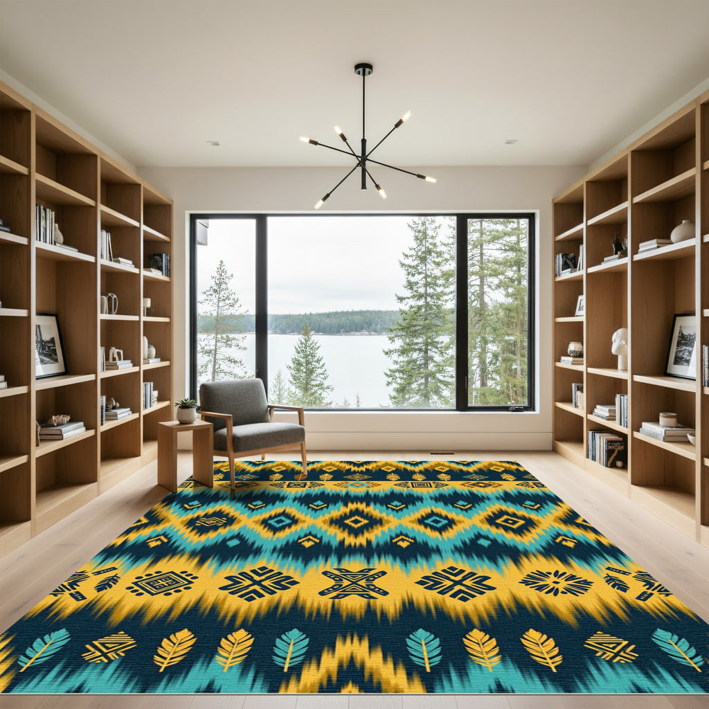 Vibrant Teal Gold Diamond Feather Rug