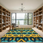 Vibrant Teal Gold Diamond Feather Rug