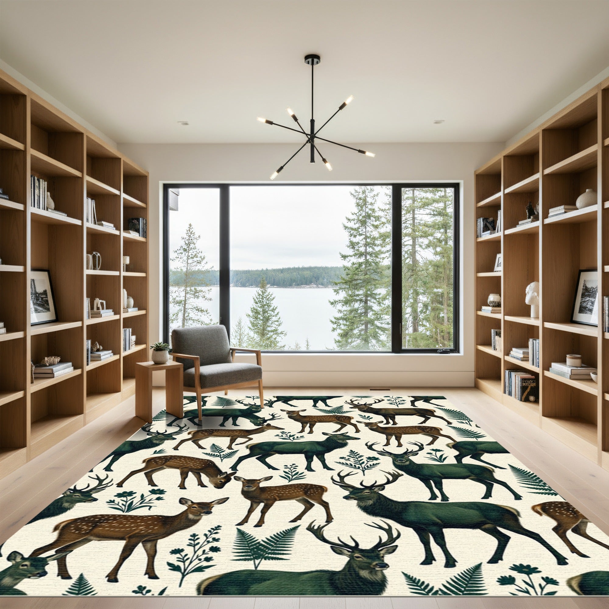 Forest Green Woodland Deer Fern Aesthetic Rug