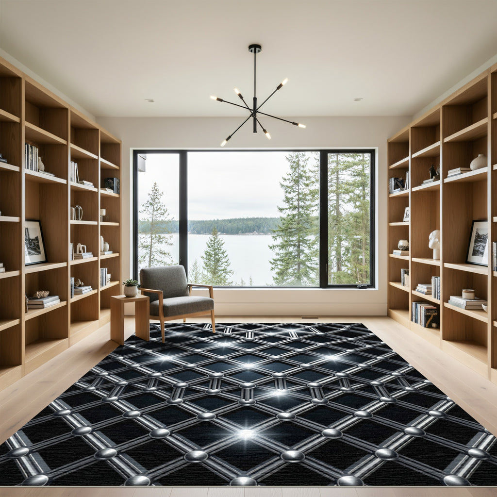 Metallic Silver Interlocking Grid Sculpture Rug