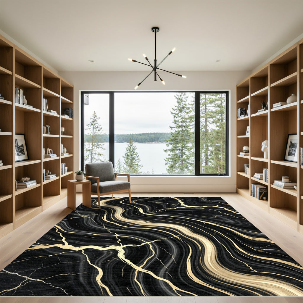 Black and Gold Liquid Marble Wave Rug