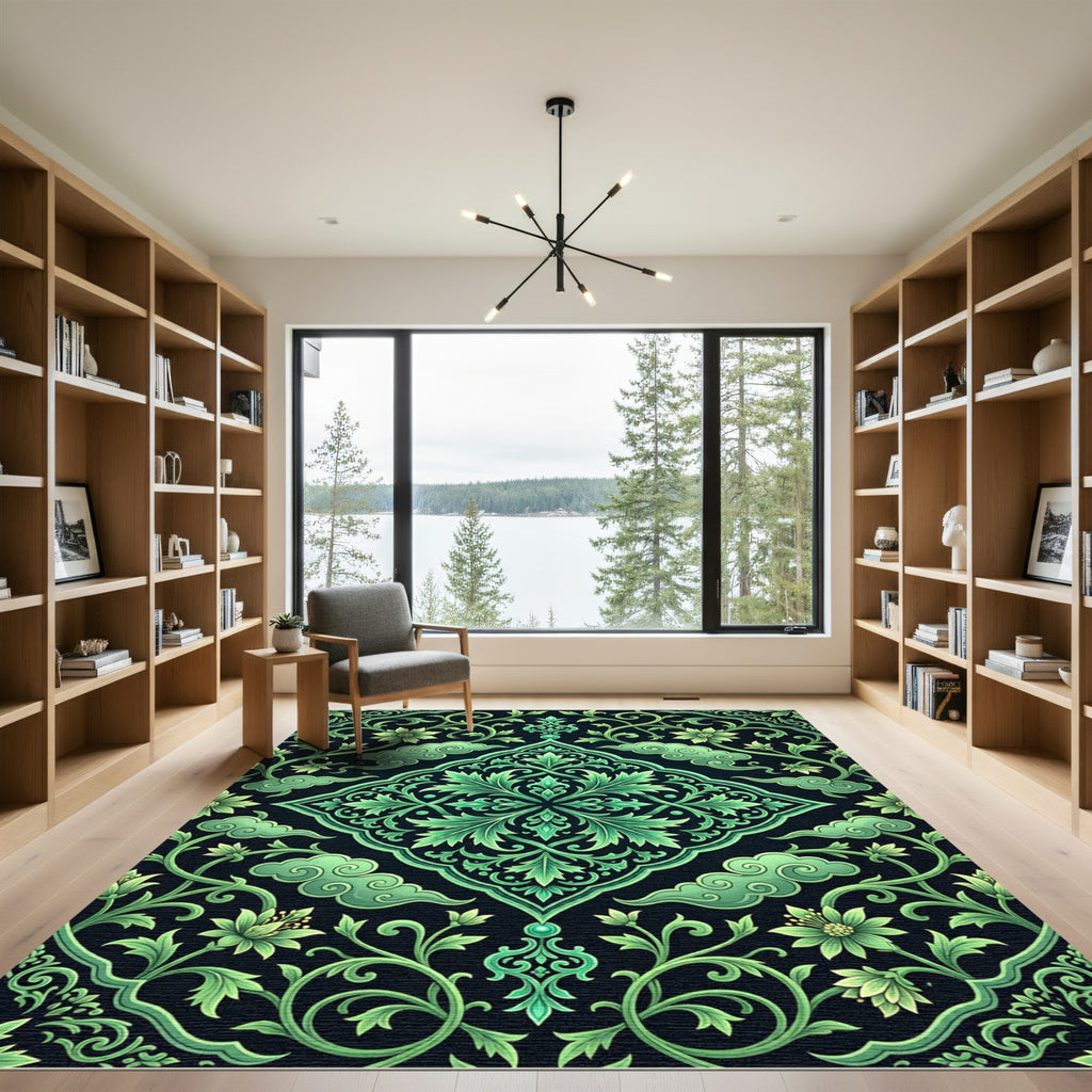 Emerald Green Floral Cloud Scroll Rug