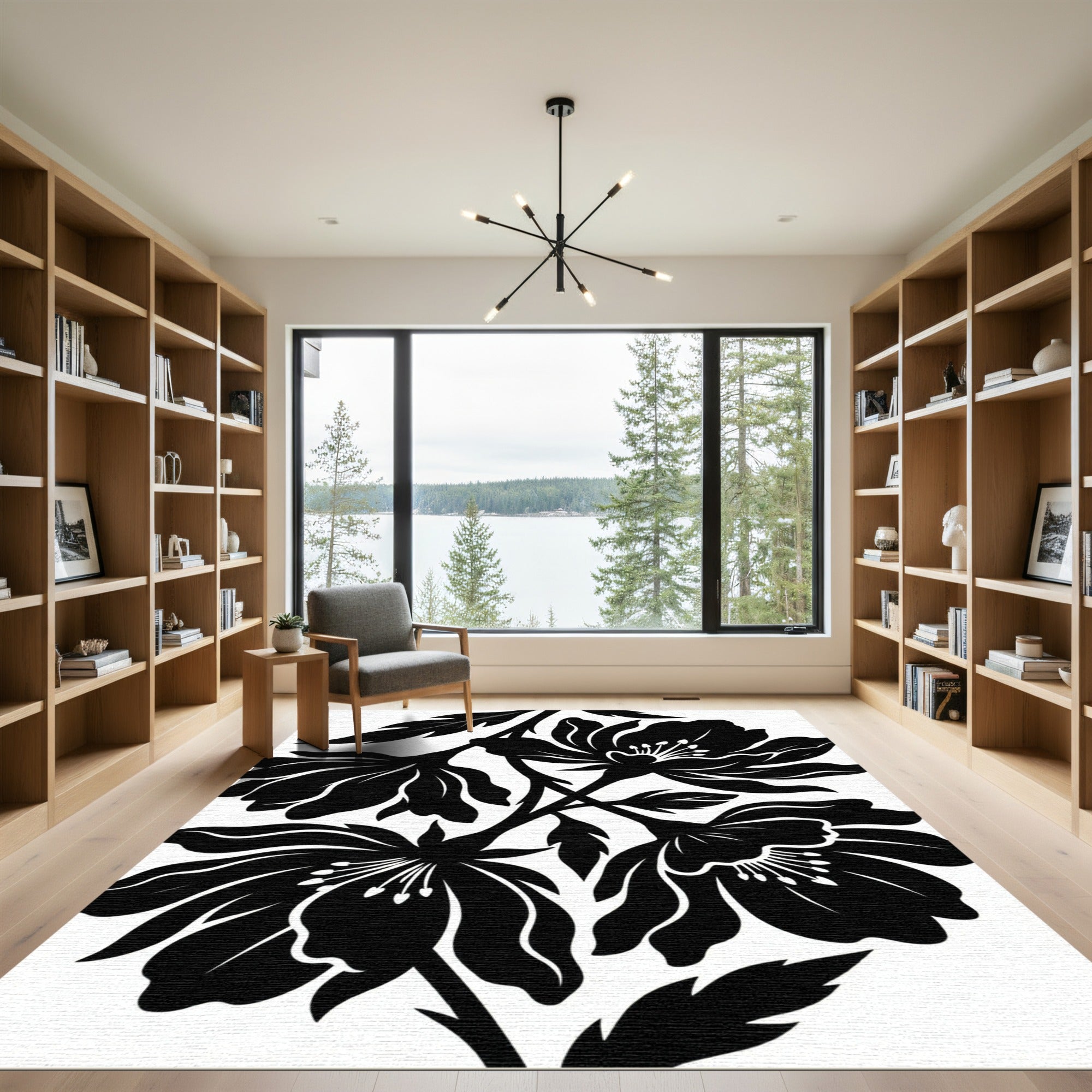 Bold Black Floral Botanical Composition Rug