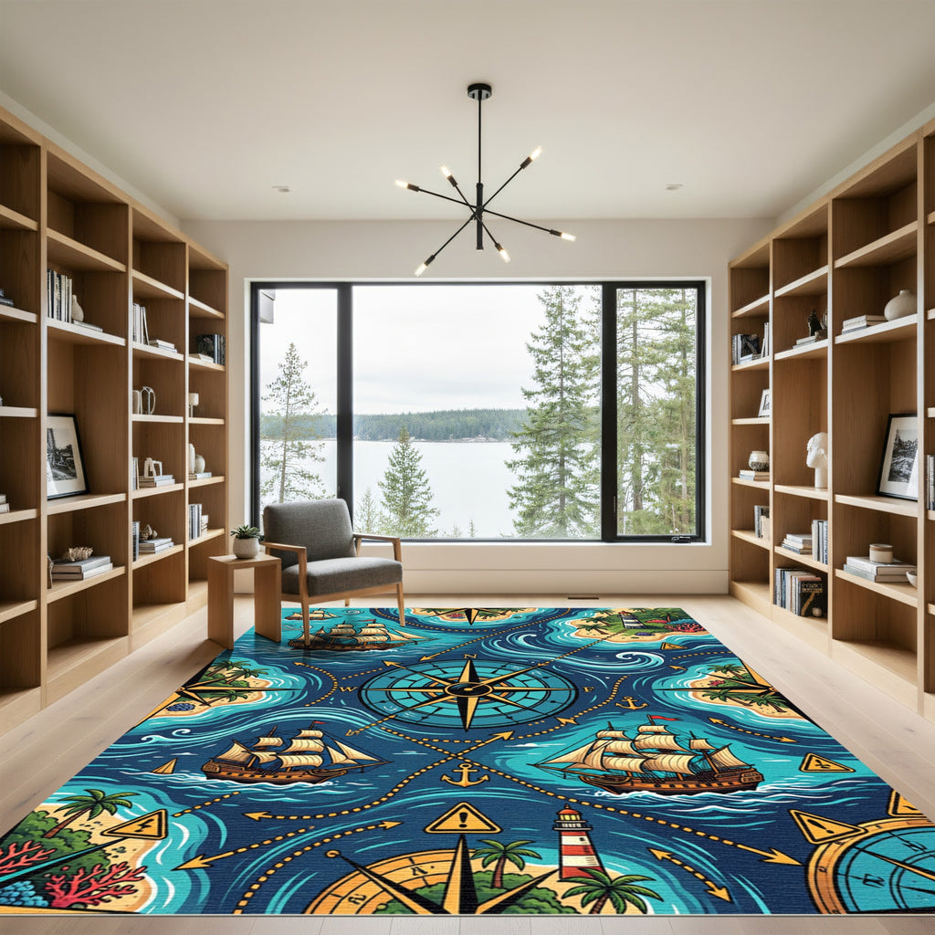 Nautical Compass Marine Blue Sailing Map Rug