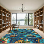 Nautical Compass Marine Blue Sailing Map Rug