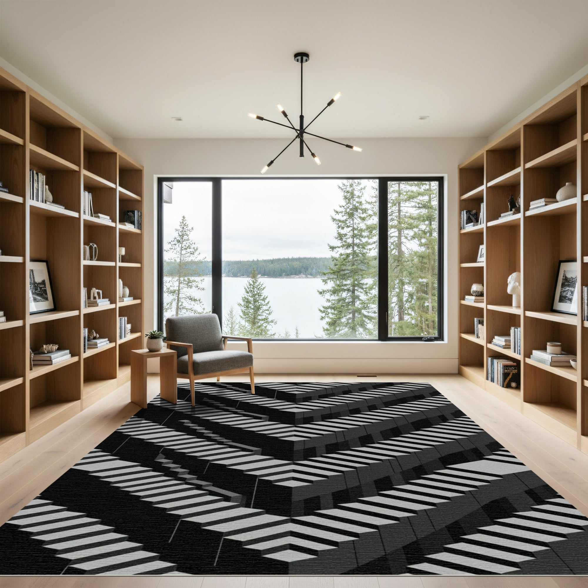 Monochromatic Geometric Illusion Stairs Rug