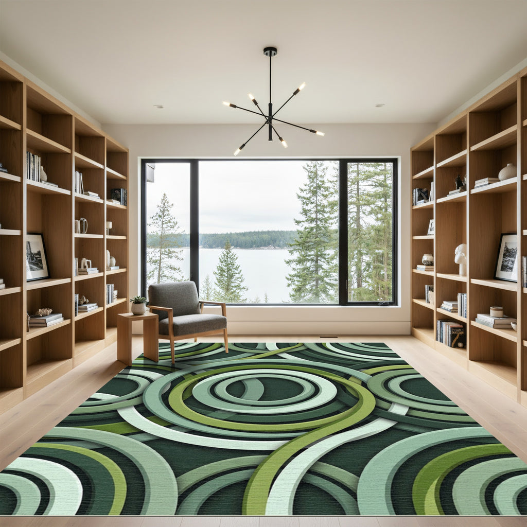 Layered Green Swirl Circular Rug