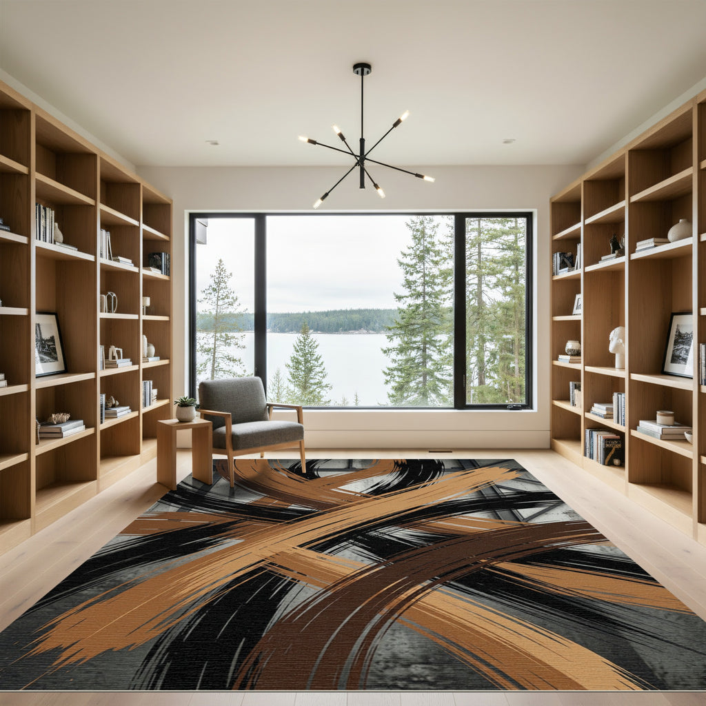 Ebony and Copper Abstract Brushstroke Art Rug