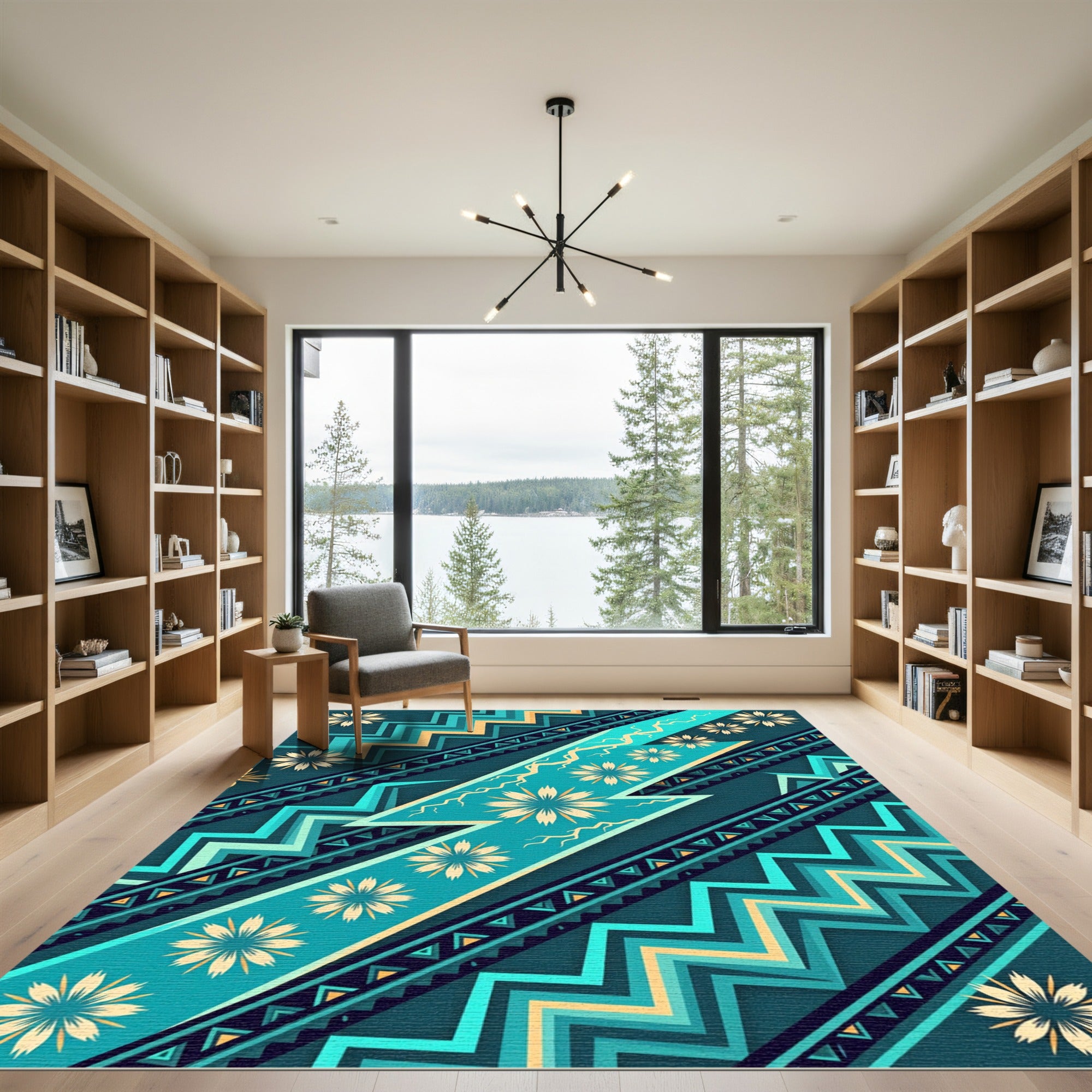 Teal Sunburst Tribal ZigZag Rug