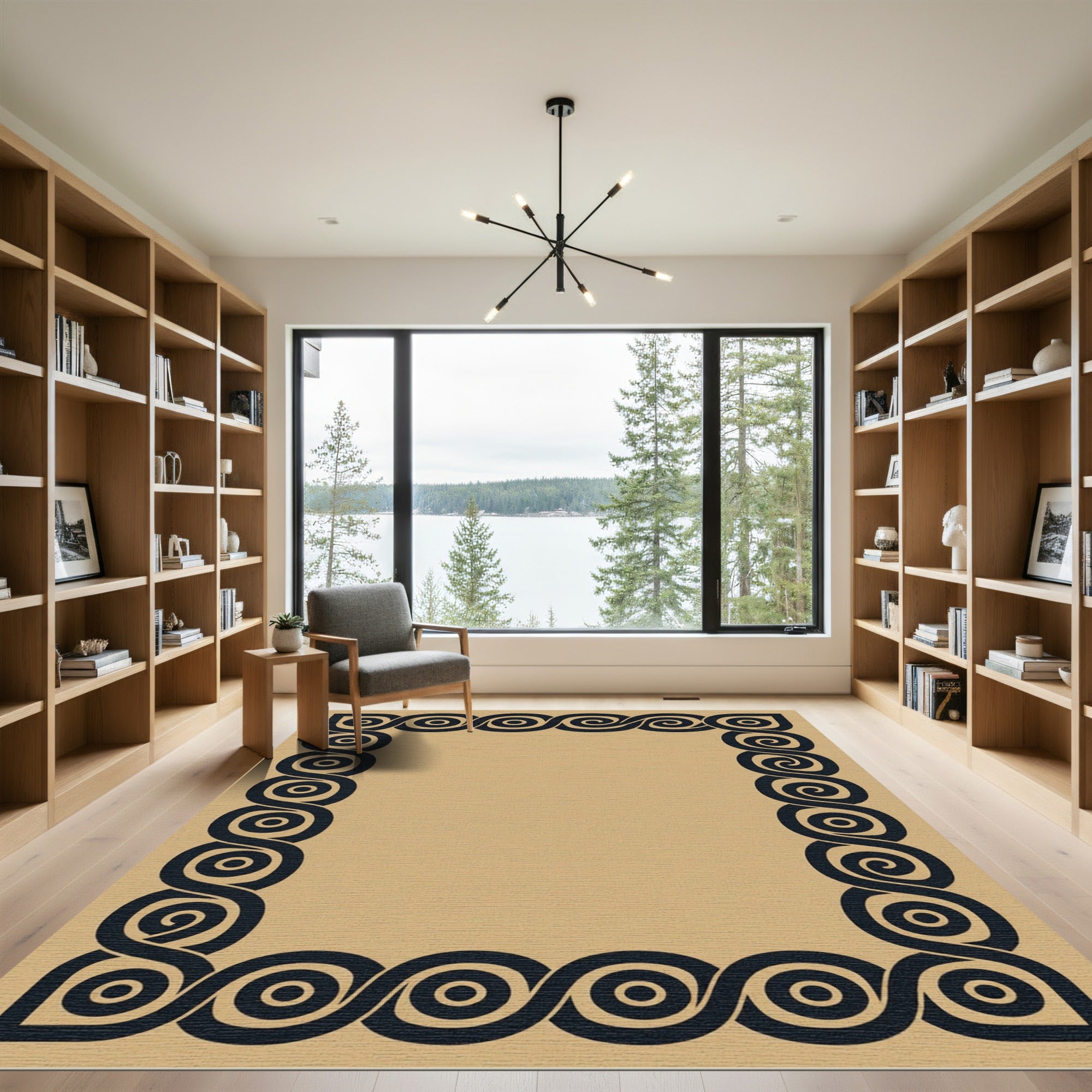 Bold Black Continuous Swirl Border Rug