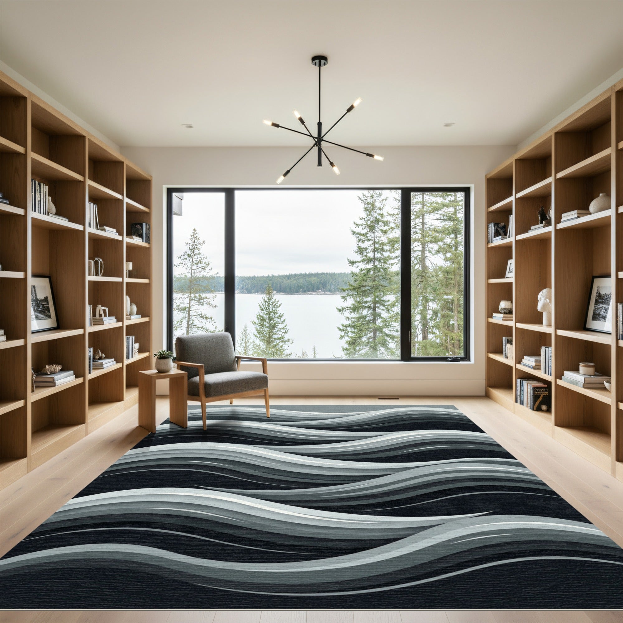 Modern Gray Layered Wave Composition Rug