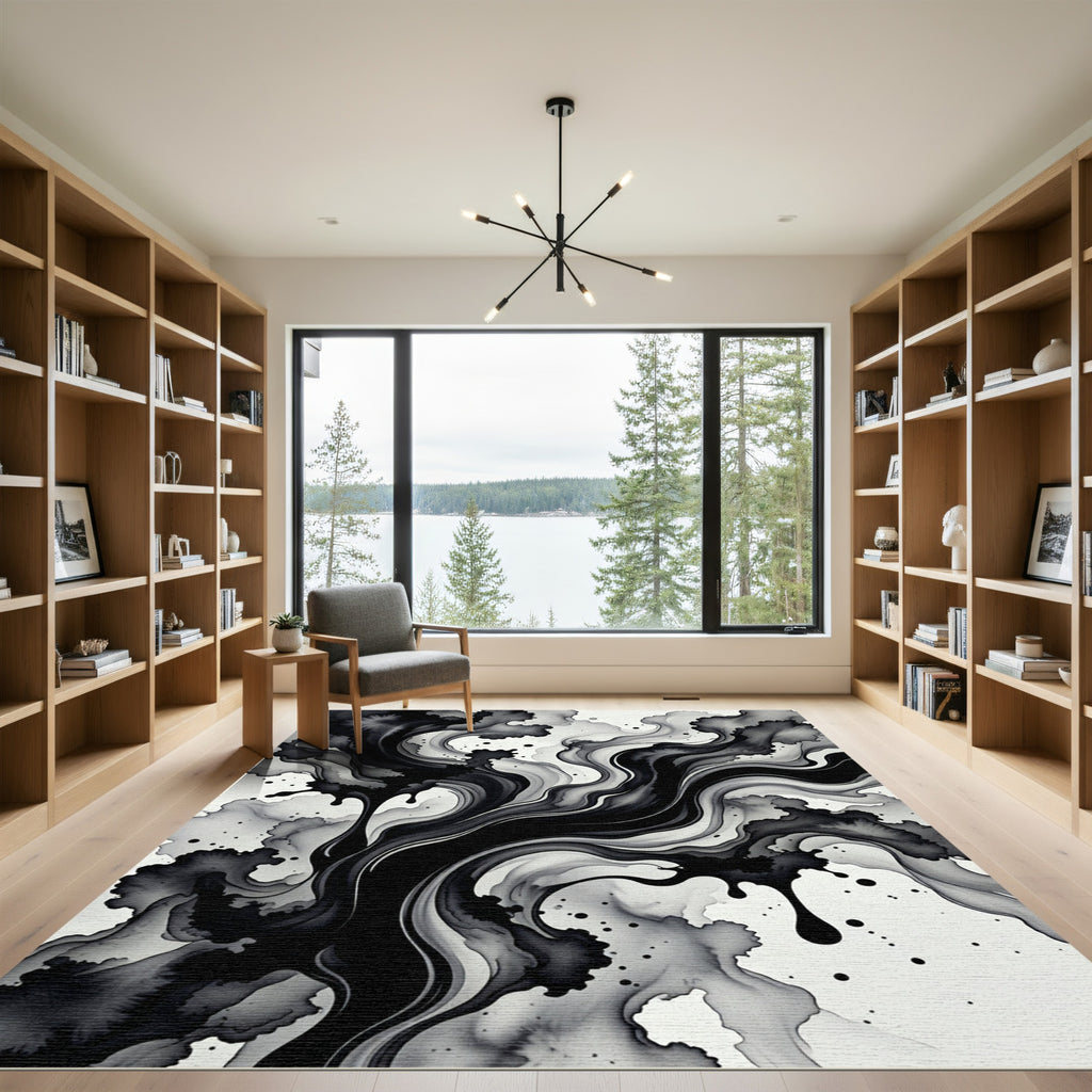 Modern Monochrome Fluid Ink Abstract Art Rug