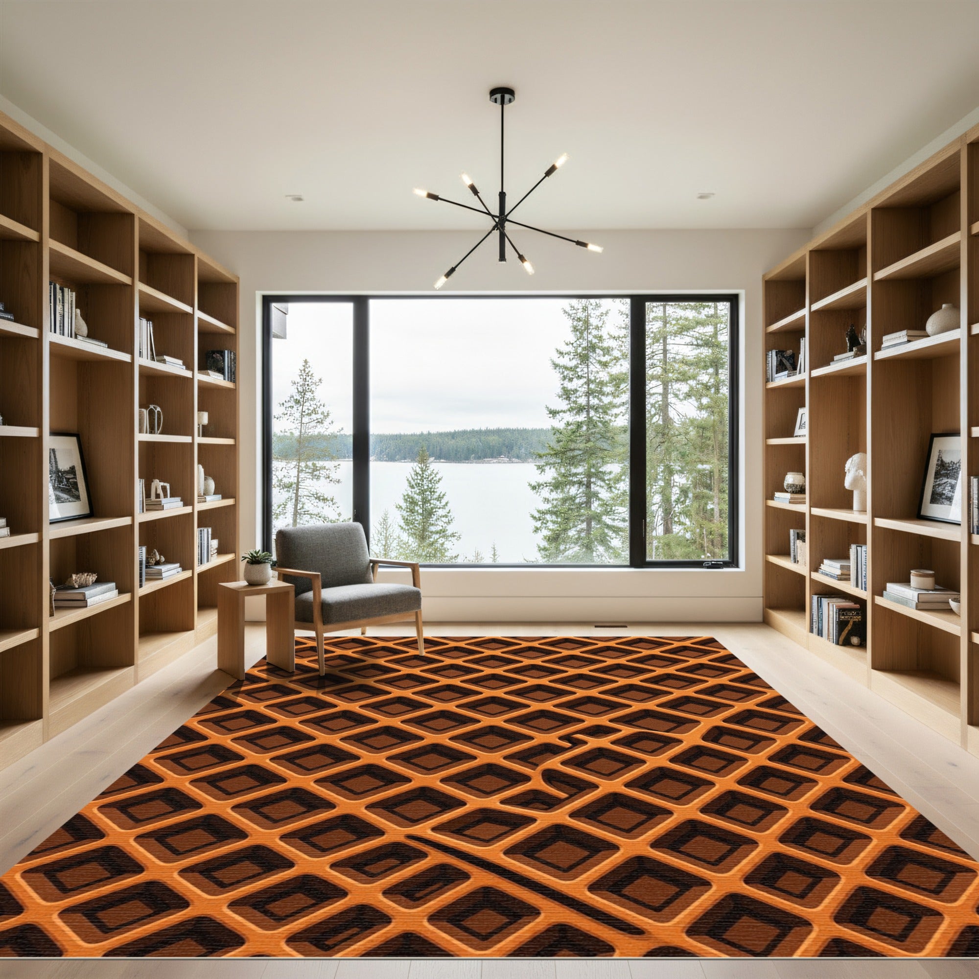 Golden Waffle Grid Abstract Geometric Rug