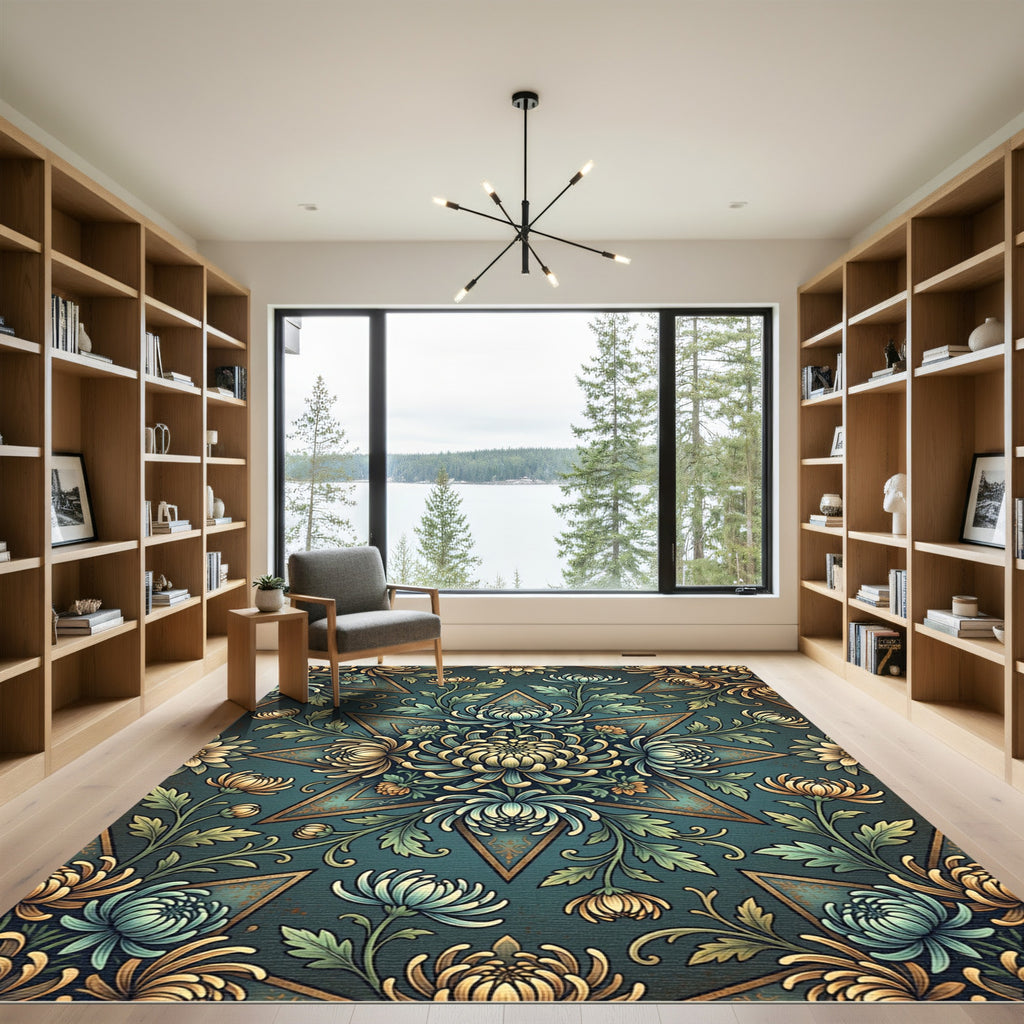 Emerald Teal Chrysanthemum Star Bloom Rug