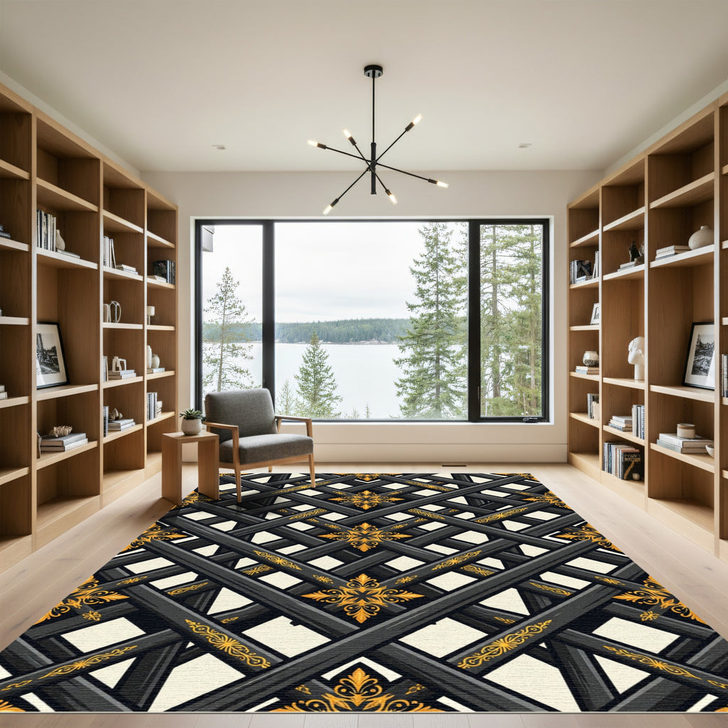 Black Gold Lattice Floral Medallion Rug
