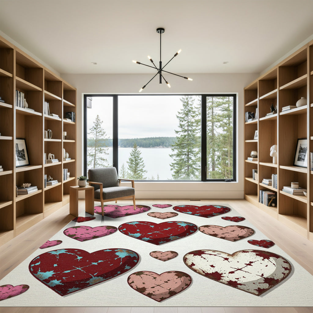 Distressed Multicolored Hearts Scattered Art Rug