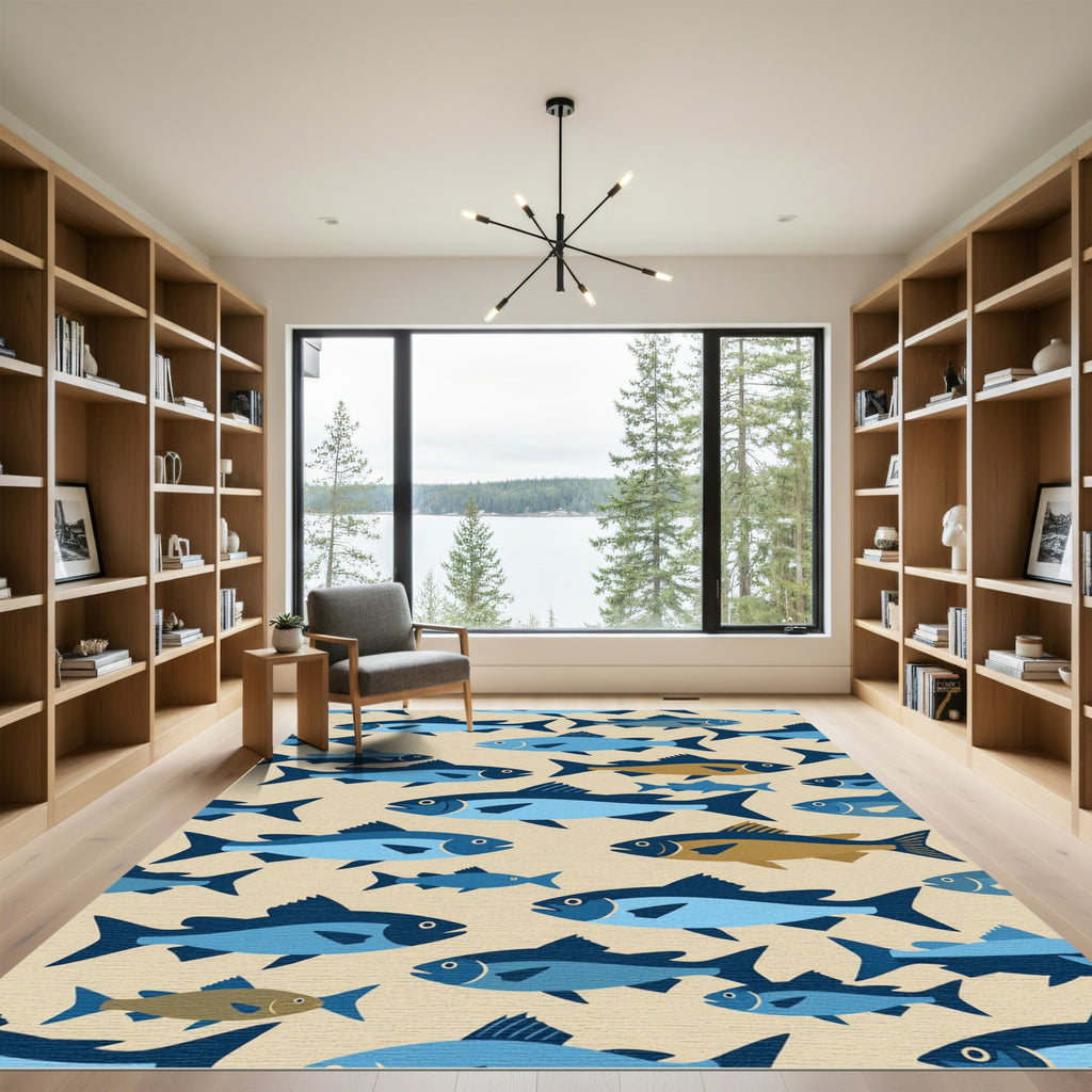 Mid Century Modern Blue Schooling Fish Rug