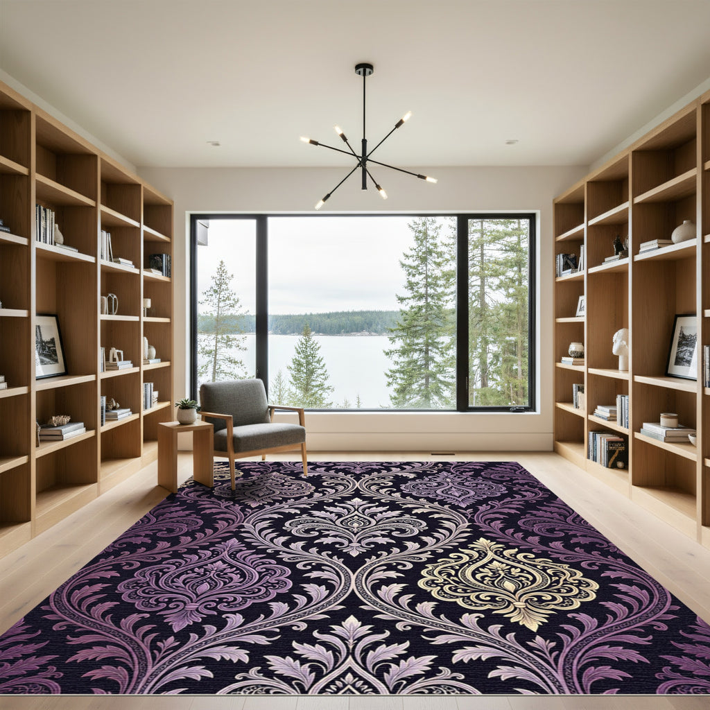Elegant Purple Gold Damask Scroll Rug