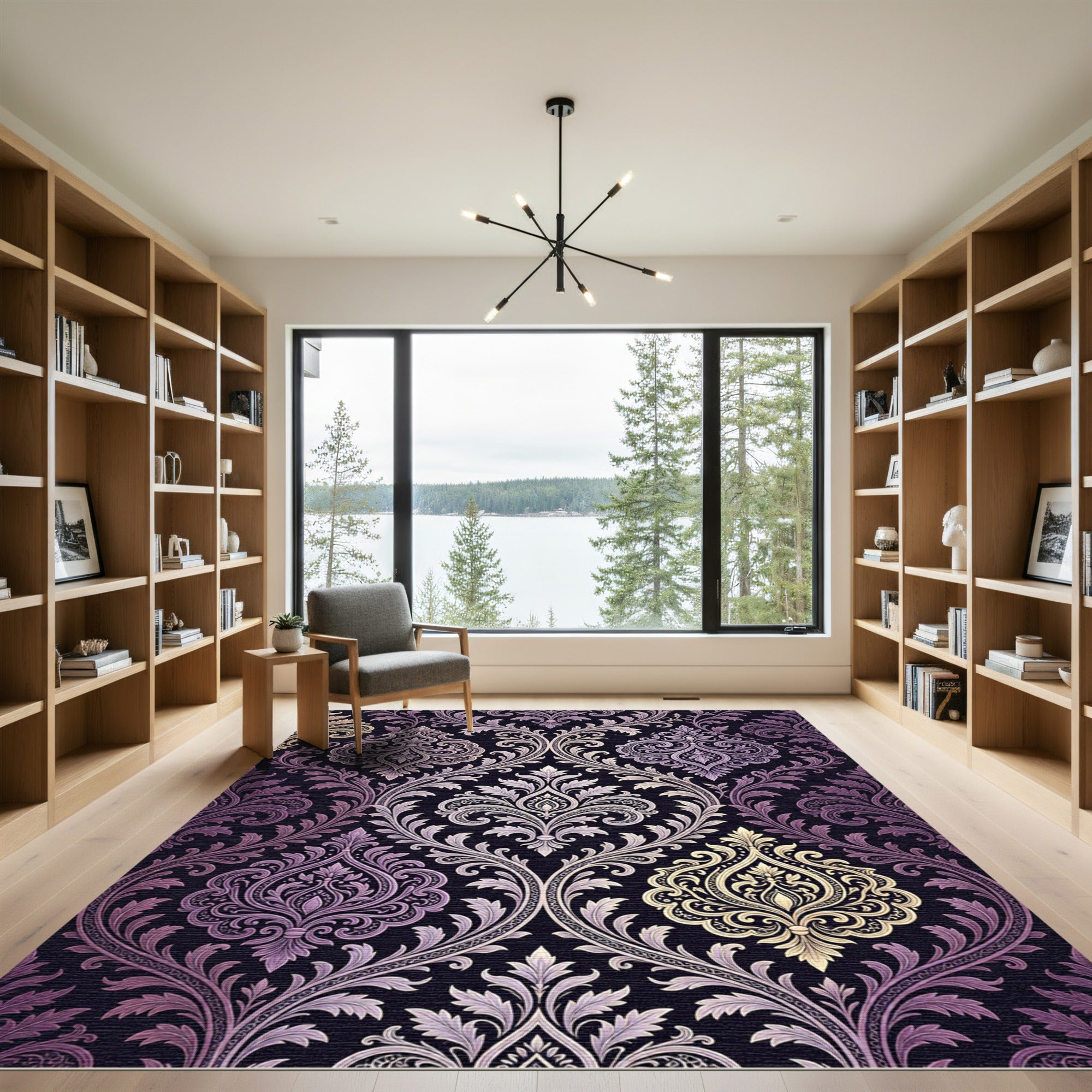 Elegant Purple Gold Damask Scroll Rug