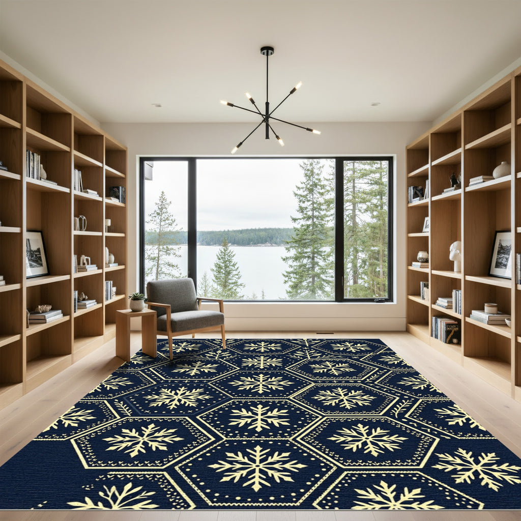 Navy Blue Geometric Snowflake Hexagon Rug