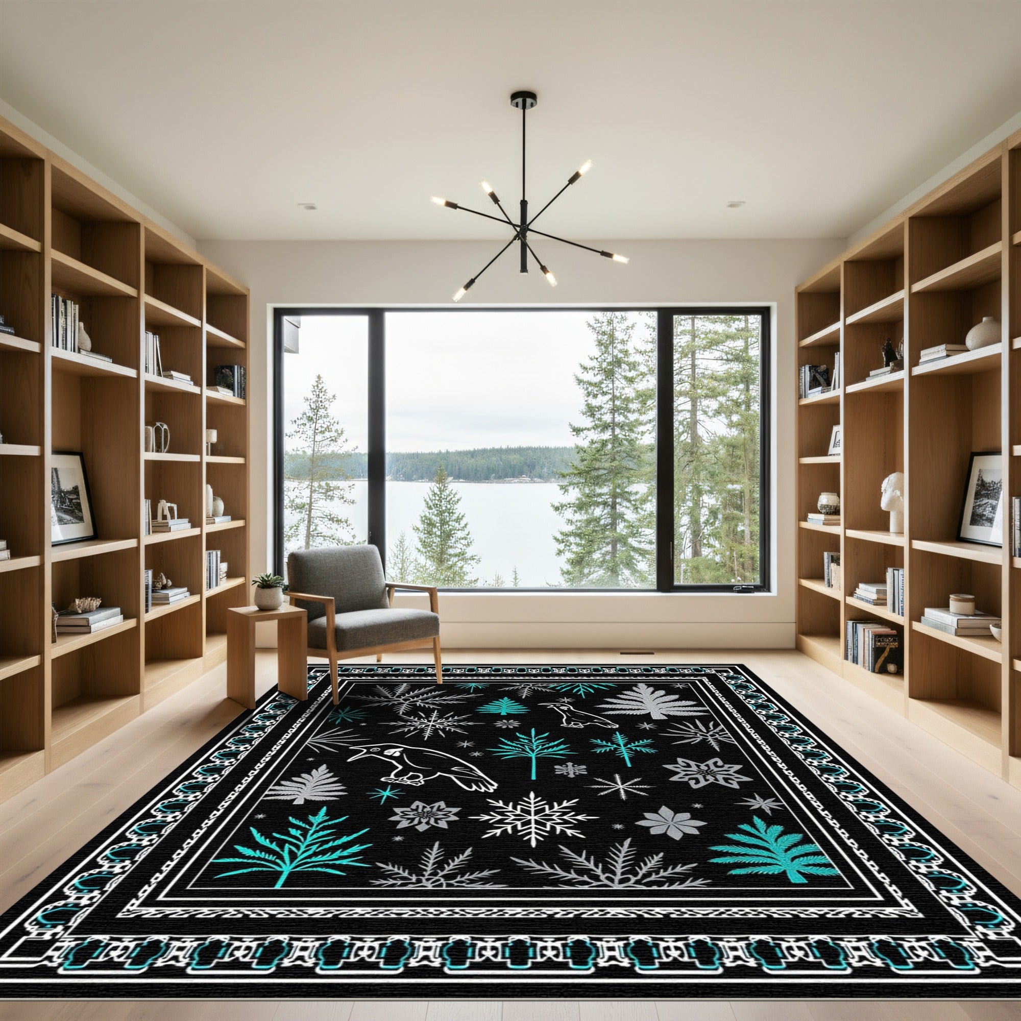 Black Bird Snowflake Winter Scene Rug