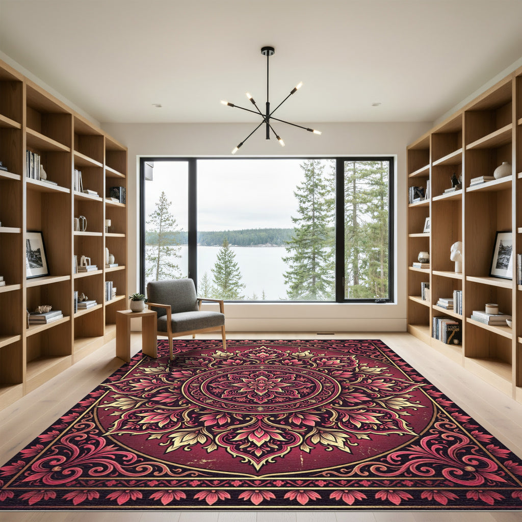 Crimson Floral Mandala Circular Ornament Rug
