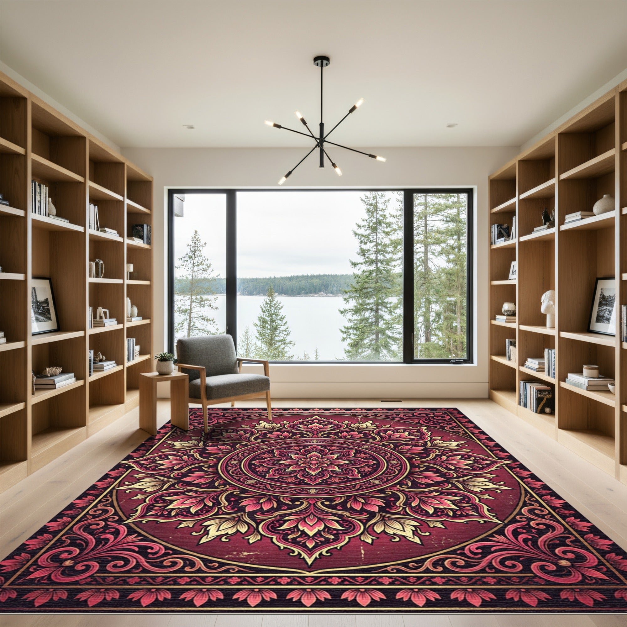 Crimson Floral Mandala Circular Ornament Rug