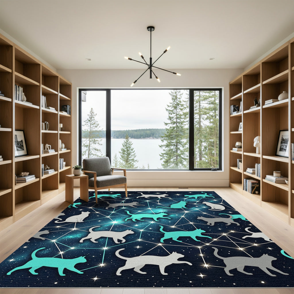 Celestial Cat Constellations Across Night Sky Rug