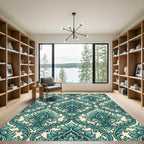Elegant Teal Damask Scroll Medallion Rug