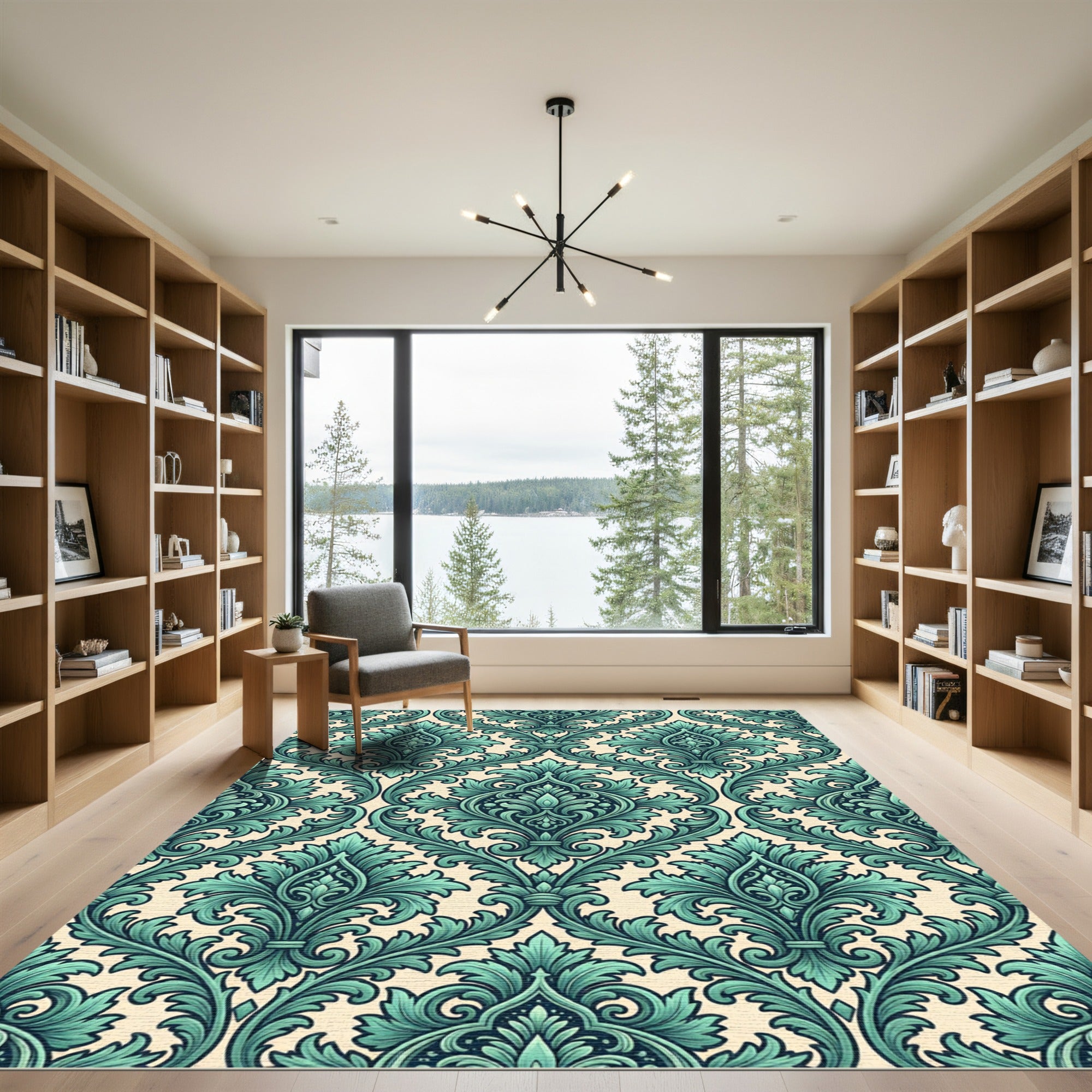 Elegant Teal Damask Scroll Medallion Rug