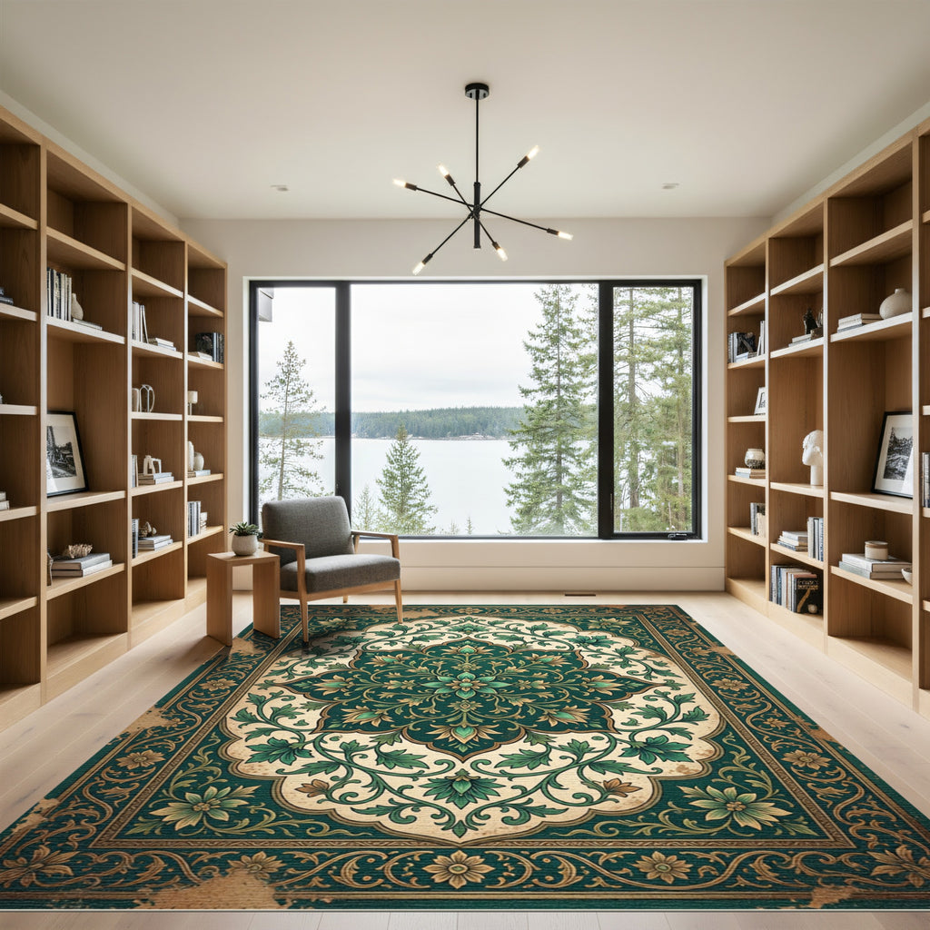 Deep Emerald Floral Arabesque Rug