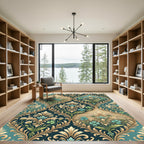 Teal and Gold Floral Damask Medallion Rug