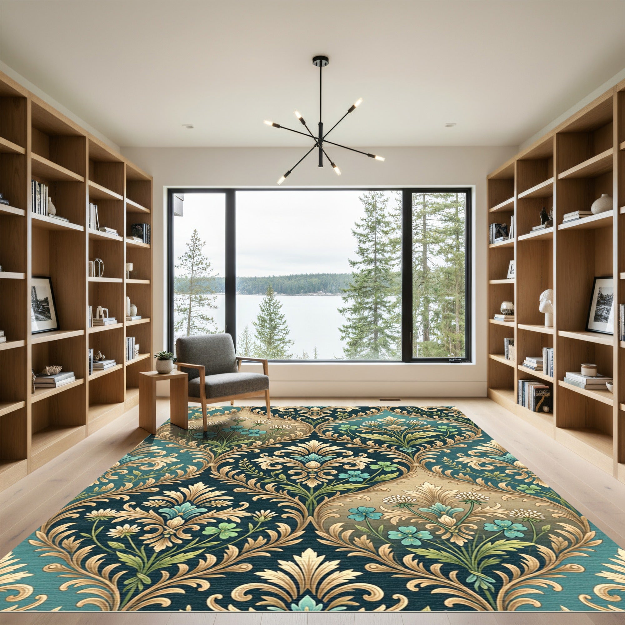 Teal and Gold Floral Damask Medallion Rug