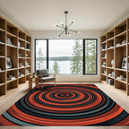 Bold Crimson Black Concentric Circular Rug
