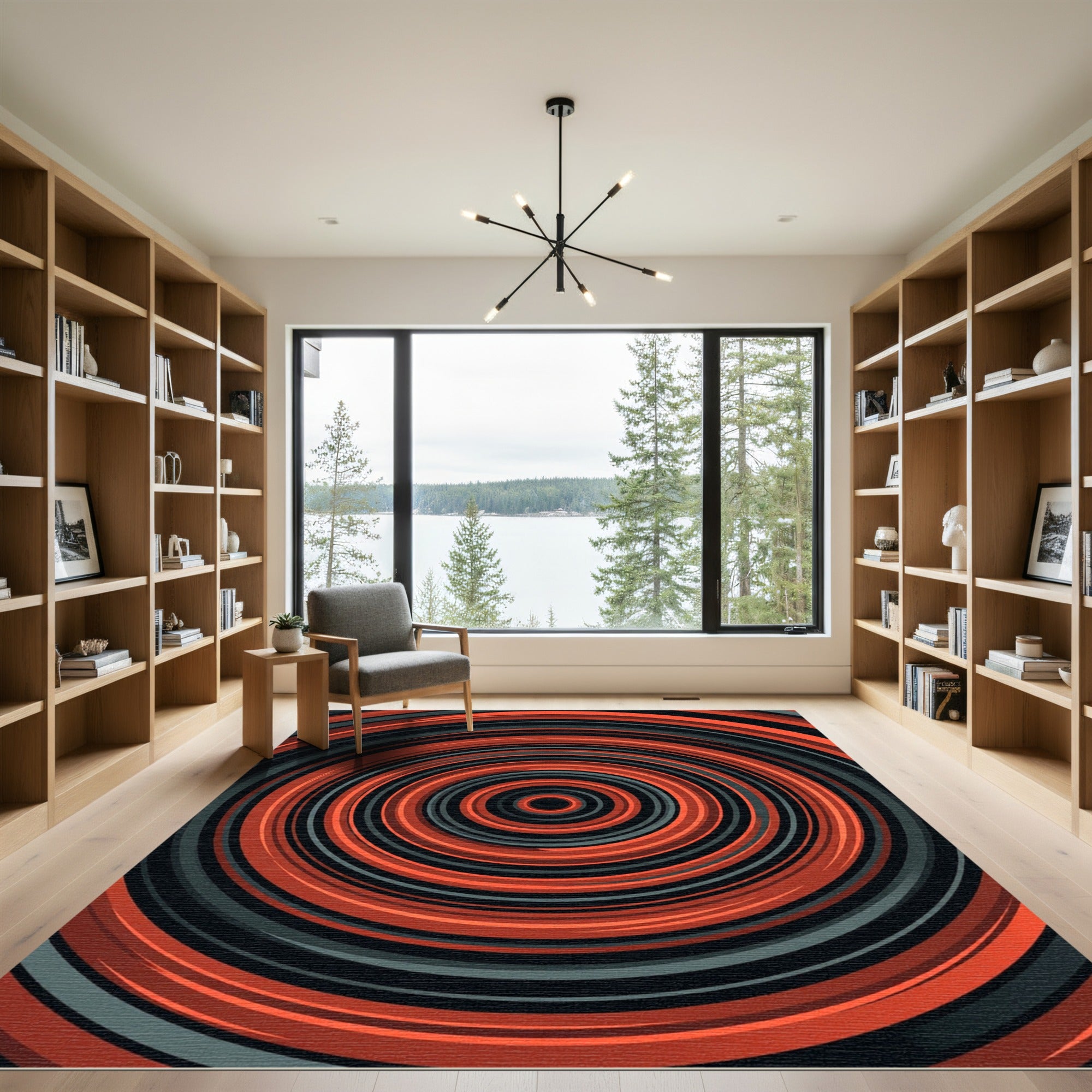 Bold Crimson Black Concentric Circular Rug