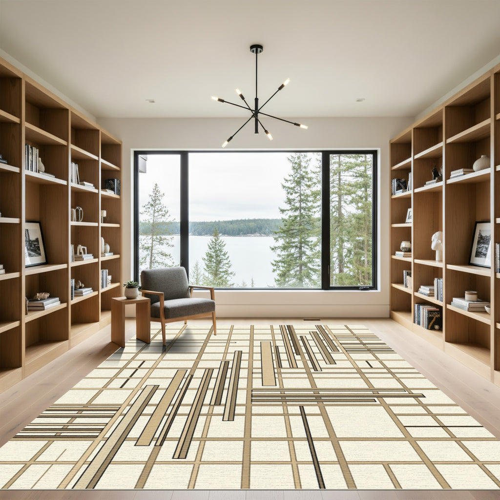 Modern Beige Linear Geometric Grid Art Rug
