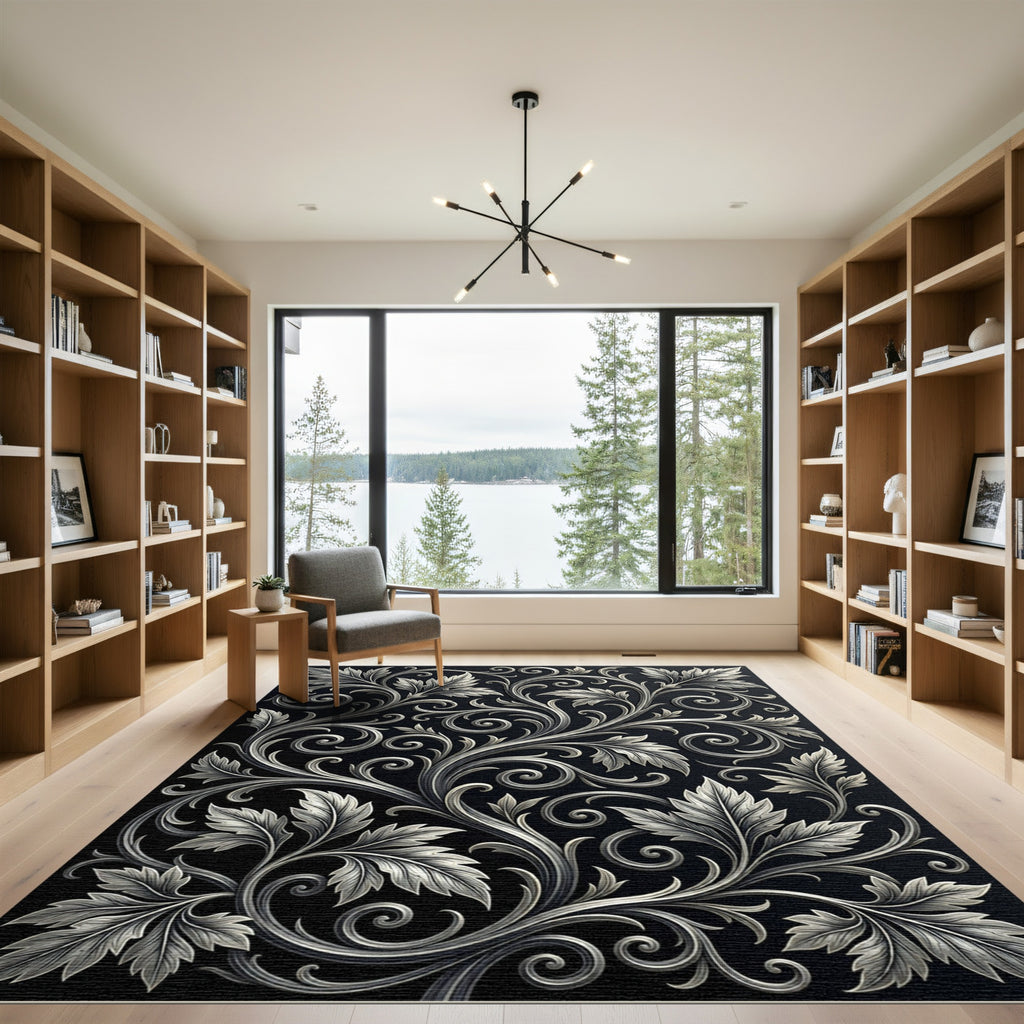 Ornate Silver Leaf Vine Scroll Rug