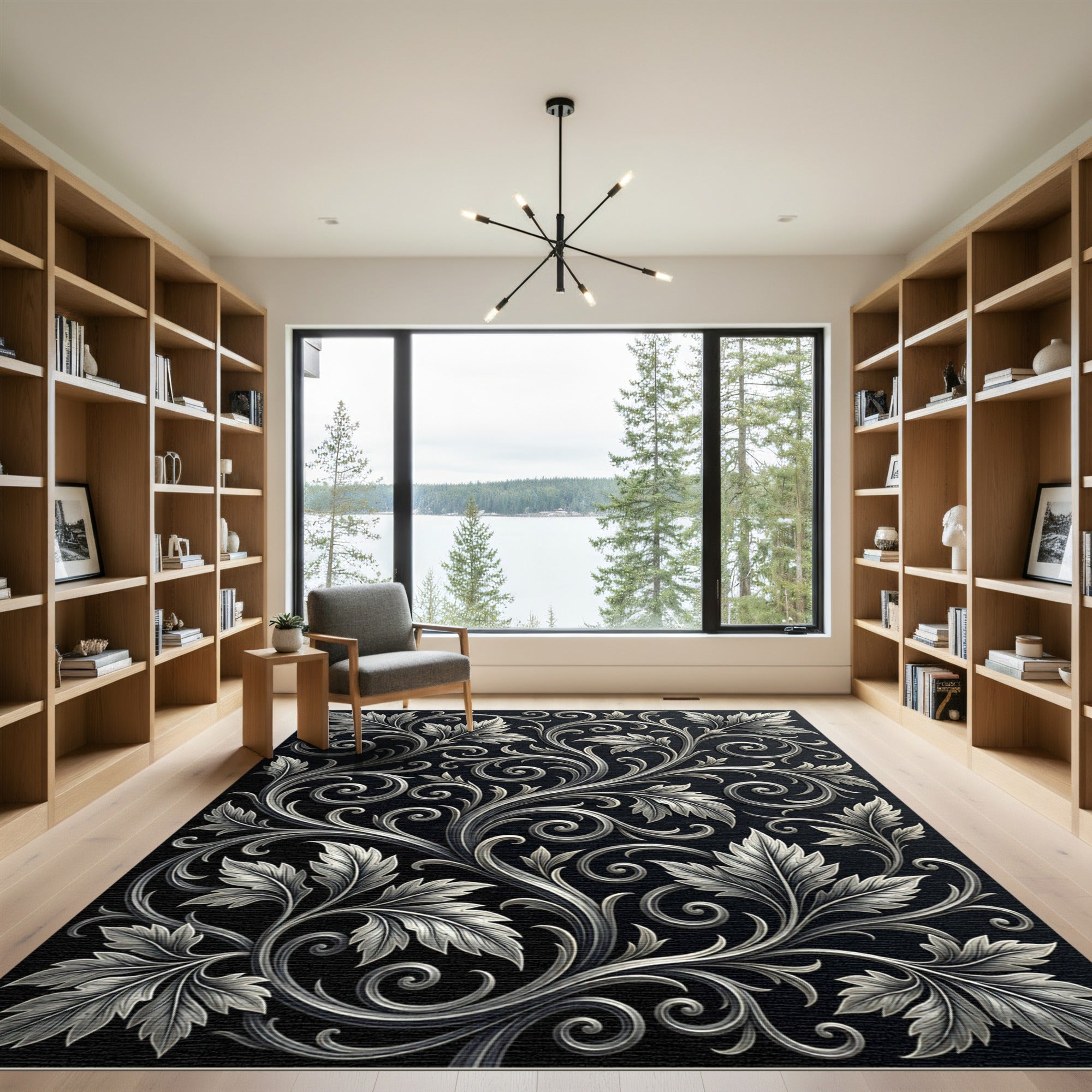 Ornate Silver Leaf Vine Scroll Rug