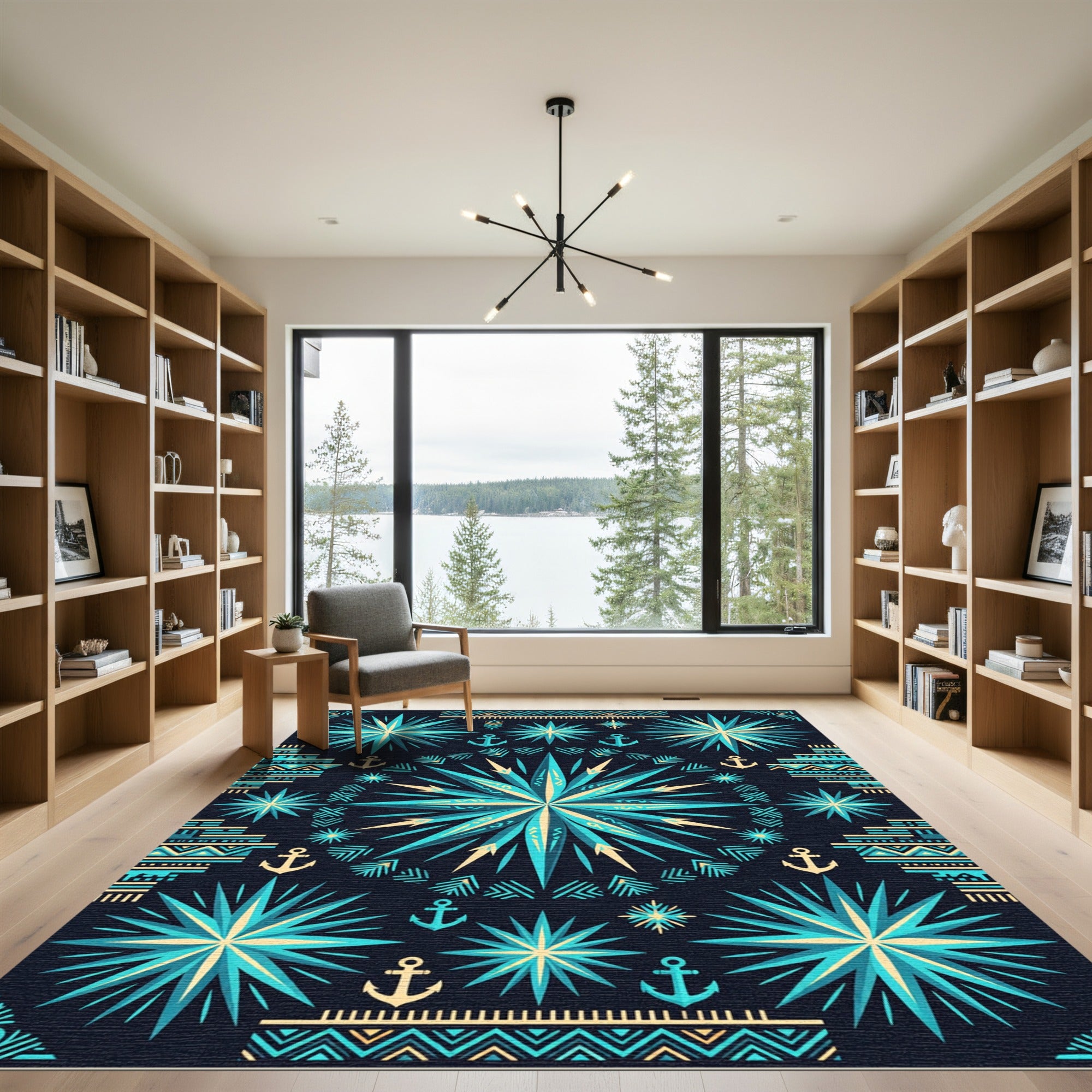 Nautical Teal Star Compass Anchor Rug