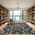 Elegant Gold Charcoal Damask Scroll Rug